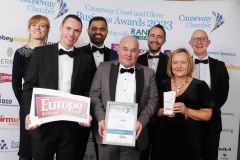 EXCELLENCE IN INNOVATION goes to Peter Francis with Helen Boyd along with the staff of Nicobrand presented by sponsor Gavin Glendenning of EUROPA FOODS at the Causeway Chamber of Commerce Awards 2023 ceremony in partnership with Randox Health held at the Lodge Hotel.    30 Chamber Awards 2023