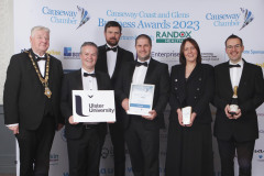 PEOPLE DEVELOPMENT AWARD goes to Simon McGurk of Cover Net along with Jenny Beattie, David Kemmy and Jim Campbell, sponsored by ULSTER UNIVERSITY and presented by Cllr Steven Callaghan, Mayor Causeway Coast & Glens Borough Council and Malachy O'Neill of UU at the Causeway Chamber of Commerce Awards 2023 ceremony in partnership with Randox Health held at the Lodge Hotel. 31 Chamber Awards 2023