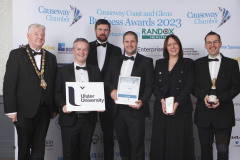 PEOPLE DEVELOPMENT AWARD goes to Simon McGurk of Cover Net along with Jenny Beattie, David Kemmy and Jim Campbell, sponsored by ULSTER UNIVERSITY and presented by Cllr Steven Callaghan, Mayor Causeway Coast & Glens Borough Council and Malachy O'Neill of UU at the Causeway Chamber of Commerce Awards 2023 ceremony in partnership with Randox Health held at the Lodge Hotel.    31 Chamber Awards 2023