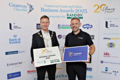Causeway Chamber of Commerce President James Kilgore  with Young Business Person of the Year Award sponsor Clive Edgar of Fuelwise at the launch of the Causeway Coast and Glens Business Awards 2025 at the Lodge Hotel in partnership with Randox Health and organised through the Causeway Chamber of Commerce.    02 Awards Launch