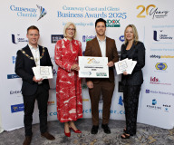 Causeway Chamber of Commerce President James Kilgore and Chamber CEO Karen Yates with Headline Sponsor Dr Mary Jo Kurth, Dino Persello of Randox Health at the launch of the Causeway Coast and Glens Business Awards 2025 at the Lodge Hotel in partnership with Randox Health and organised through the Causeway Chamber of Commerce. 03 Awards Launch