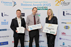 Causeway Chamber of Commerce President James Kilgore and Chamber CEO Karen Yates with Excellence in Innovation & Technology Award sponsor Luke McCloskey of the NWRC at the launch of the Causeway Coast and Glens Business Awards 2025 at the Lodge Hotel in partnership with Randox Health and organised through the Causeway Chamber of Commerce. 04 Awards Launch