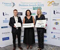 Causeway Chamber of Commerce President James Kilgore and Chamber CEO Karen Yates with Best Start up Business Award sponsor Jayne Taggart CEO at the Enterprise Causeway at the launch of the Causeway Coast and Glens Business Awards 2025 at the Lodge Hotel in partnership with Randox Health and organised through the Causeway Chamber of Commerce. 05 Awards Launch