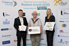 Causeway Chamber of Commerce President James Kilgore and Chamber CEO Karen Yates with Lifetime Achievement Award sponsor the Causeway Coast and Glens Borough Council Mayor, Councillor Oliver McMullan at the launch of the Causeway Coast and Glens Business Awards 2025 at the Lodge Hotel in partnership with Randox Health and organised through the Causeway Chamber of Commerce. 07 Awards Launch