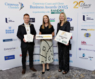 Causeway Chamber of Commerce President James Kilgore and Chamber CEO Karen Yates with Small Business of the Year Award sponsor Catriona Brolly of Abbey Autoline at the launch of the Causeway Coast and Glens Business Awards 2025 at the Lodge Hotel in partnership with Randox Health and organised through the Causeway Chamber of Commerce.    08 Awards Launch