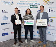 Causeway Chamber of Commerce President James Kilgore and Chamber Vice-President Steve Frazer with Best Coffee Shop of the Year Award sponsor Hilary Faith of Lakeland Dairies at the launch of the Causeway Coast and Glens Business Awards 2025 at the Lodge Hotel in partnership with Randox Health and organised through the Causeway Chamber of Commerce.    11 Awards Launch