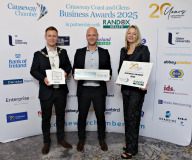 Causeway Chamber of Commerce President James Kilgore and Chamber CEO Karen Yates with Business Growth Award sponsor James Kilgore & Peter Houston of Danske Bank at the launch of the Causeway Coast and Glens Business Awards 2025 at the Lodge Hotel in partnership with Randox Health and organised through the Causeway Chamber of Commerce. 12 Awards Launch
