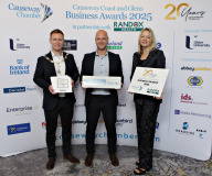 Causeway Chamber of Commerce President James Kilgore and Chamber CEO Karen Yates with Business Growth Award sponsor James Kilgore & Peter Houston of  Danske Bank at the launch of the Causeway Coast and Glens Business Awards 2025 at the Lodge Hotel in partnership with Randox Health and organised through the Causeway Chamber of Commerce.    12 Awards Launch