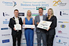Causeway Chamber of Commerce President James Kilgore with Chamber Vice-President Steve Frazer and Chamber CEO Karen Yates  with  Community Impact Award sponsor Arlene McConaghie of Riada Resourcing at the launch of the Causeway Coast and Glens Business Awards 2025 at the Lodge Hotel in partnership with Randox Health and organised through the Causeway Chamber of Commerce.    13 Awards Launch