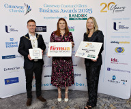 Causeway Chamber of Commerce President James Kilgore and Chamber CEO Karen Yates with Family Business of the Year Award sponsor Danielle Dunbar of firmus energy at the launch of the Causeway Coast and Glens Business Awards 2025 at the Lodge Hotel in partnership with Randox Health and organised through the Causeway Chamber of Commerce. 14 Awards Launch