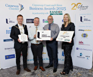 Causeway Chamber of Commerce President James Kilgore and Chamber CEO Karen Yates with People Development Award sponsor Malachy O\'Neill and Aidan O\'Kane of the Ulster University at the launch of the Causeway Coast and Glens Business Awards 2025 at the Lodge Hotel in partnership with Randox Health and organised through the Causeway Chamber of Commerce. 15 Awards Launch