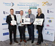 Causeway Chamber of Commerce President James Kilgore and Chamber CEO Karen Yates with People Development Award sponsor Malachy O\'Neill and Aidan O\'Kane of the Ulster University at the launch of the Causeway Coast and Glens Business Awards 2025 at the Lodge Hotel in partnership with Randox Health and organised through the Causeway Chamber of Commerce.    15 Awards Launch