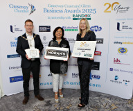 Causeway Chamber of Commerce President James Kilgore and Chamber CEO Karen Yates  with Restaurant of the Year Award sponsor Donna Moran of Morans	 at the launch of the Causeway Coast and Glens Business Awards 2025 at the Lodge Hotel in partnership with Randox Health and organised through the Causeway Chamber of Commerce.    16 Awards Launch