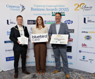 Causeway Chamber of Commerce President James Kilgore and Chamber Vice-President Steve Frazer with Social Value & Impact Award sponsor Karen Sweeney of Bluebird Care at the launch of the Causeway Coast and Glens Business Awards 2025 at the Lodge Hotel in partnership with Randox Health and organised through the Causeway Chamber of Commerce.    17 Awards Launch