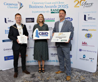 Causeway Chamber of Commerce President James Kilgore and Chamber Vice-President Steve Frazer with Retailer of the Year Award sponsor Lisa Murchen of Coleraine BID at the launch of the Causeway Coast and Glens Business Awards 2025 at the Lodge Hotel in partnership with Randox Health and organised through the Causeway Chamber of Commerce.    18 Awards Launch
