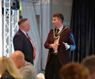 Duane Farrell of the Hon Irish Society with Mayor Ciaran McQuillan at The Causeway Chamber of Commerce CC&G People Awards 2024 in partnership with Go Succeed (NI Business Support) held at the Lodge Hotel.