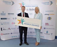 At Portrush Town Hall for the People Awards Launch is Causeway Chamber of Commerce President James Kilgore with Employee of the Year award sponsor Arlene McConaghie from Riada Resourcing.   09 Chamber People Awards