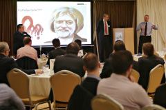 Danske Bank's Aaron Ennis with John Paul Coleman, Treasurer, and Brian Telford, Head of Markets, speaking at the Danske Bank's Business Breakfast Economic Review in association with the Causeway Chamber of Commerce.    31Clancy Photography