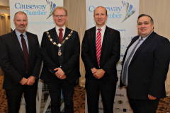 With the Chamber President Murray Bell are, from Danske Bank, Brian Telford, Head of Markets, John Paul Coleman, Treasurer with Aaron Ennis Head of North Business centre at the Lodge Hotel for the Danske Bank's Business Breakfast Economic Review in association with the Causeway Chamber of Commerce.   34Clancy Photography