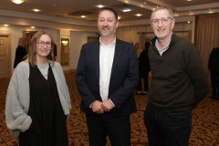 Networking at the Danske Bank Economic Briefing breakfast held at the Lodge Hotel, Coleraine in association with the Causeway Chamber of Commerce are Rene Ravenscroft of Revive North Coast, Steve Frazier of City of Derry Airport and James Chestnutt of Chestnutt Feeds Stranocum.    05 Danske Economic Briefing