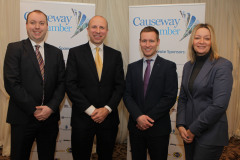 At the Danske Bank Economic Briefing breakfast held at the Lodge Hotel, Coleraine in association with the Causeway Chamber of Commerce with, from Danske Bank, Conor Lambe Chief Economist , John Paul Coleman Head of Treasury and Markets and James Kilgore Business Manager with Karen Yates Chief Executive of the Causeway Chamber of Commerce.