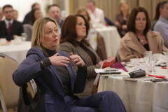 Causeway Chamber Chief Executive Karen Yates putting a question to the speakers at the Danske Bank Economic Briefing breakfast held at the Lodge Hotel, Coleraine in association with the Causeway Chamber of Commerce.    19 Danske Economic Briefing
