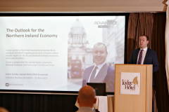 Conor Lambe Chief Economist Danske Bank speaking at the Causeway Chamber of Commerce Business Breakfast in association with Danske Bank.     20 Breafast Danske Bank