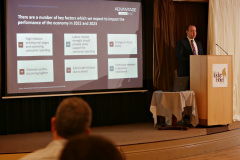 Conor Lambe Chief Economist Danske Bank speaking at the Causeway Chamber of Commerce Business Breakfast in association with Danske Bank.     23 Breafast Danske Bank