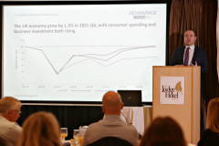 Conor Lambe Chief Economist Danske Bank speaking at the Causeway Chamber of Commerce Business Breakfast in association with Danske Bank.     21 Breafast Danske Bank