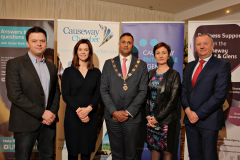 Speakers at the GDPR conference held at the Lodge Hotel pictured with Causeway Chamber of Commerce President Anthony Newman are Philip Bain of Shredbank, Claire Wilson of Edwards and Co, Anthony Newman, Ann-Maire McGoldrick of MCG Services Ltd and Roy Toner of Jalaro Associates.   01 GDPR