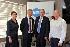 At Lynas' for a meeting with Minister of State for N.Ireland Conor Burns are Anne Marie McGoldrick Causeway Chamber Vice President, Andrew Lynas MD of Lynas Foodservices, Minister Conor Burns and Causeway Chamber President David Boyd.  19 Minister at Lynas'