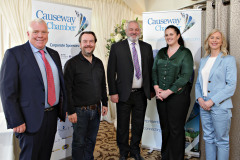 Causeway Chamber President David Boyd at the Causeway Chamber's Pre Party Election debate held at the Lodge Hotel pictured with Mark Coulson of the Green Party, Independent Bill Stewart,  Independent Unionist Claire Sugden and event host Camilla Long of Bespoke Communications.   04 Pre Party Election Debate 2022