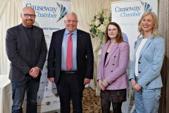 Darryl Wilson of the UUP Causeway with Chamber President David Boyd at the Causeway Chamber's Pre Party Election debate along with Caoimhe Archibald of Sinn Fein and event host Camilla Long of Bespoke Communications.     05 Pre Party Election Debate 2022