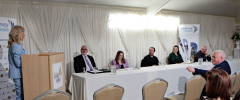 Host Camilla Long putting the questions to the candidates at the Causeway Chamber's Pre Party Election debate at the Lodge Hotel.   11 Pre Party Election Debate 2022