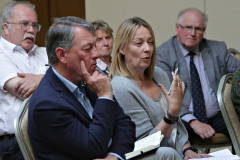 Karen Yates Chief Executive of the Causeway Chamber putting a question to the candidates at the Causeway Chamber's Pre Party Election debate held in the Lodge Hotel.   18 Pre Party Election Debate 2022