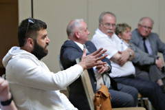 Portrush's Matt Sincar of Bear Men Barbers putting a question during the Causeway Chamber's Pre Party Election debate held in the Lodge Hotel.   19 Pre Party Election Debate 2022