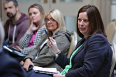 CEO of the Enterprise Causeway Jayne Taggart putting questions on help for SME's during the Causeway Chamber's Pre Party Election debate held in the Lodge Hotel.  22 Pre Party Election Debate 2022