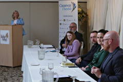 Host Camilla Long with the candidates at the Causeway Chamber's Pre Party Election debate held at the Lodge Hotel.   25 Pre Party Election Debate 2022