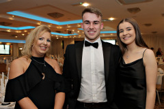 Cherie Cole with Andrew Boyd of Roadside Garages and Sophie Harris at the Annual President's Dinner held in the Lodge Hotel.    02 Causeway