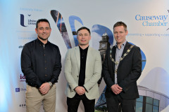 At the President\'s Annual Dinner, held at the Royal Court, with James Kilgore President Causeway Chamber are event partner Lexy Halliday M.D. Halliday Automotive and special guest boxer Carl Frampton MBE(centre). 01 Presidents Dinner Formal