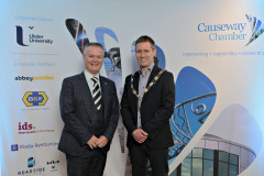 At the President\'s Annual Dinner, held at the Royal Court, James Kilgore President Causeway Chamber with new Corporate Patron Malachy O\'Neill Director of Regional Engagement Ulster University. 03 Presidents Dinner Formal