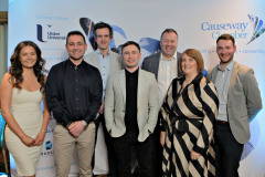 Carl Frampton MBE with Halliday Automotive Guests at the President\'s Annual Dinner, held at the Royal Court, from l-r Chloe Carragher, Lexy Halliday, Gareth McBride, Carl Frampton MBE, Damien O\'Kane, Karen McAfee and James Panek.    04 Presidents Dinner Formal
