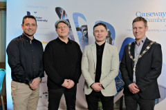 At the President\'s Annual Dinner, held at the Royal Court, are event partner Lexy Halliday M.D. Halliday Automotive, Paul Lawther of Stablemate Irish Whiskey, special guest boxer Carl Frampton MBE with James Kilgore President Causeway Chamber. 05 Presidents Dinner Formal
