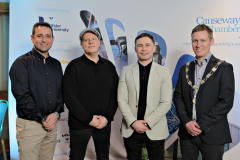 At the President\'s Annual Dinner, held at the Royal Court, are event partner Lexy Halliday M.D. Halliday Automotive, Paul Lawther of Stablemate Irish Whiskey, special guest boxer Carl Frampton MBE with James Kilgore President Causeway Chamber.    05 Presidents Dinner Formal
