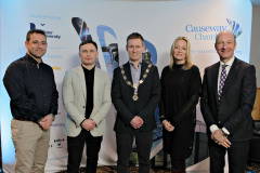 At the President\'s Annual Dinner, held at the Royal Court, are event partner Lexy Halliday M.D. Halliday Automotive, special guest boxer Carl Frampton MBE, James Kilgore President Causeway Chamber, Chamber CEO Karen Yates and Stephen Watson of the BBC.    06 Presidents Dinner Formal