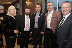 Professor of Health Science at UU Suzanne Martin, her son Oscar winner James Martin, James Kilgore President Causeway Chamber, Robert McKenna of the UU with new Chamber Corporate Patron Malachy O\'Neill of the Ulster University at the VIP drinks reception before the President\'s Annual Dinner, held at the Royal Court. 16 Presidents Dinner Formal