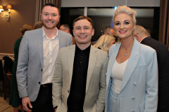 Gary Thompson and Arlene McConaghie of Riada Resourcing with special guest boxer Carl Frampton MBE at the President\'s Annual Dinner, held at the Royal Court. 38 Presidents Dinner Formal