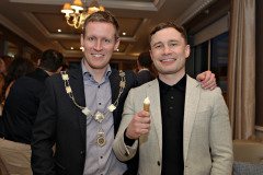 James Kilgore President Causeway Chamber with special guest boxer Carl Frampton MBE with a Morelli\'s Stablemate Whiskey Ice Cream at the VIP drinks reception before the President\'s Annual Dinner, held at the Royal Court. 27 Presidents Dinner Formal