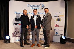 James Kilgore, President Causeway Chamber, 
Mark Hutchinson, Managing Director Hutchinson with
Havier Beltran, Honda Team Manager at the Lodge Hotel for the Presidents Dinner held in partnership with Briggs Equipment NW200 and sponsored by Hutchinson.    14 Presidents Dinner 2024
