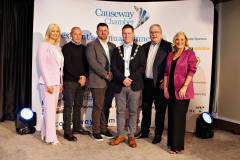 James Kilgore, President Causeway Chamber with special guest Havier Beltran, Honda Team Manager and evening sponsor Mark Hutchinson of Hutchinson with Chamber sponsors Arlene McConaghie Riada Resourcing (left), Ian Donaghey IDS Chartered Accountants LLP (2nd from right) and Angela Stewart Abbey Autoline(right)  at the Lodge Hotel for the Presidents Dinner held in partnership with Briggs Equipment NW200 and sponsored by Hutchinson.  
    16 Presidents Dinner 2024